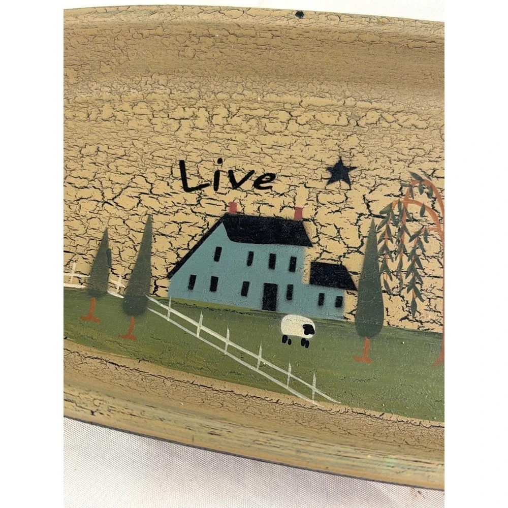 Live Simply Primitive Folk Art Oval Tray Crackle Finish Saltbox House Sheep 15in
